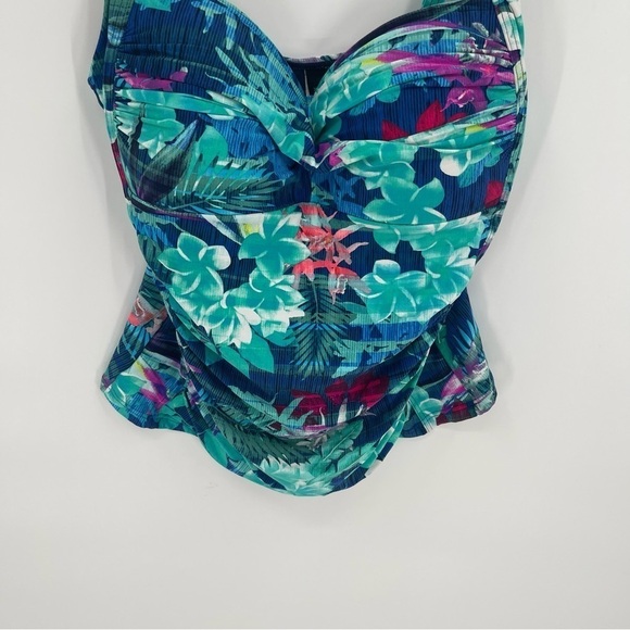 Bond-Eye Australia Size 10 Blue Green Tropical Floral Tankini Top Ruched Lined - Picture 3 of 8